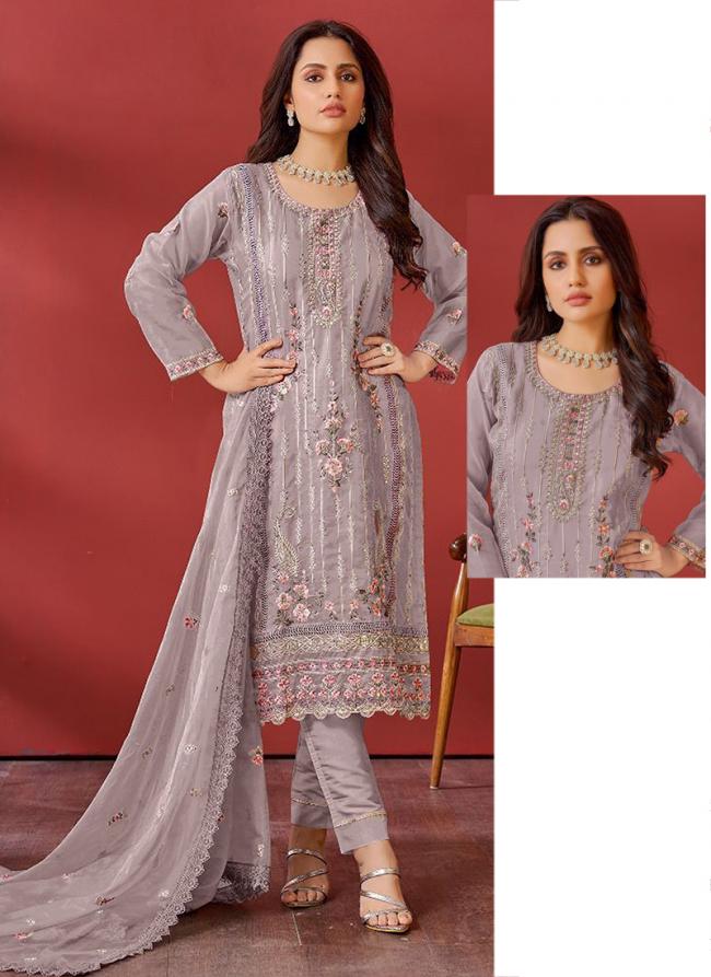 Organza Grey Eid Wear Embroidery Work Pakistani Suit